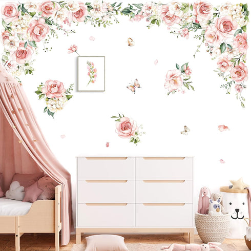 decalmile Large Pink Flower Wall Decals Pink Blossom Floral Vine Butterfly Wall Stickers Baby Nursery Girls Bedroom