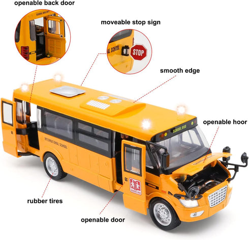 Ming You School Bus Toy - 9" Die-cast Pull Back Car with Sounds, Lights, and Openable Doors for Kids 4-8