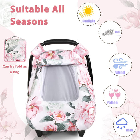 2 3D Pea Pod Car Seat Cover for Baby Girls, Floral Infant Car Seat Canopy Cover for Newborn, with Layers Windows