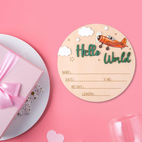 NQEUEPN 15cm/5.91 Inch Newborn Announcement Sign, Wooden Hello World Sign Newborn Welcome Plaques Birth Baby Name