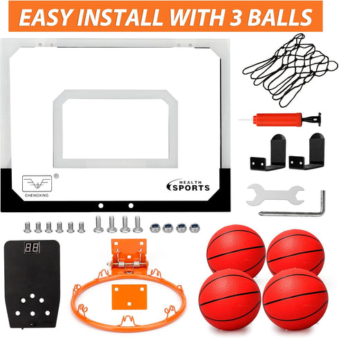 Mini Indoor Basketball Hoop for Kids 5-10 Years Old, Over The Door Automatic Scoring Hoop with Electronic Scoreboard &