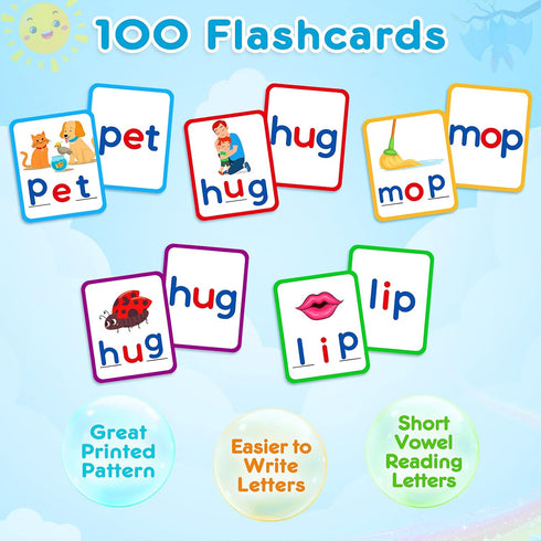 KMUYSL 104 Pieces Short Vowel Spelling Flashcards - CVC Sight Words Handwriting Cards for Kids 3-5 Years Old