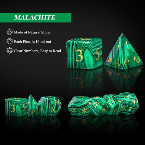 UDIXI Malachite Stone Dice Set, 7PCS Gemstone Polyhedral D&D Dice with Gift Case for Dungeons and Dragons Games