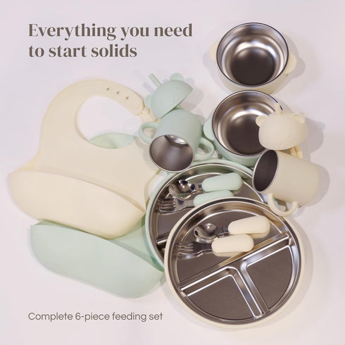 Set (6-Piece) Set (6+ Stainless Steel Baby Feeding Suction Plate & Bowl, Straw Cup, Spoon, Fork & Bib Non-Toxic