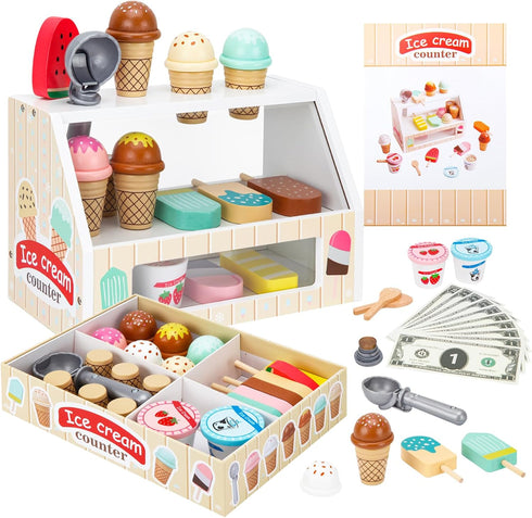 ZJEFUNS Wooden Ice Cream Toys for Kids Ice Cream Counter Shop for