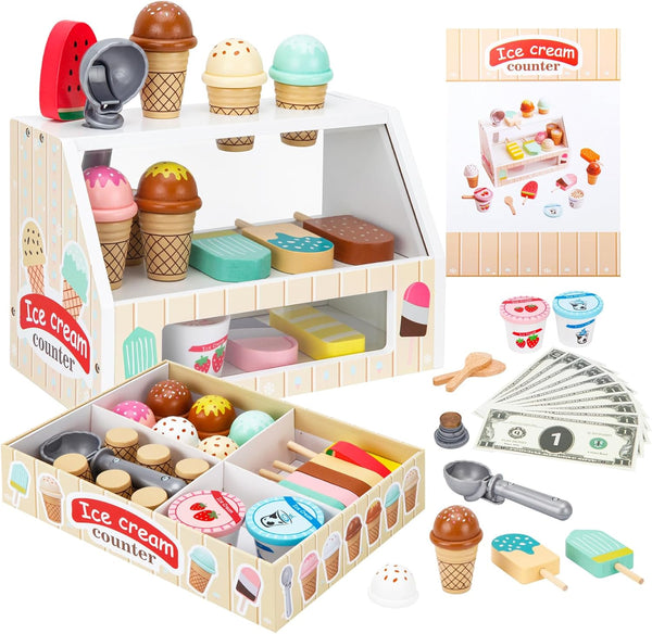 ZJEFUNS Wooden Ice Cream Toys for Kids Ice Cream Counter Shop for