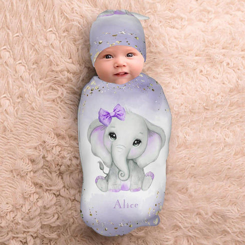 YallLocoMo Personalized Baby Swaddle Blanket for Boys Girls Watercolor Purple Cute Elephant Custom Name Receiving