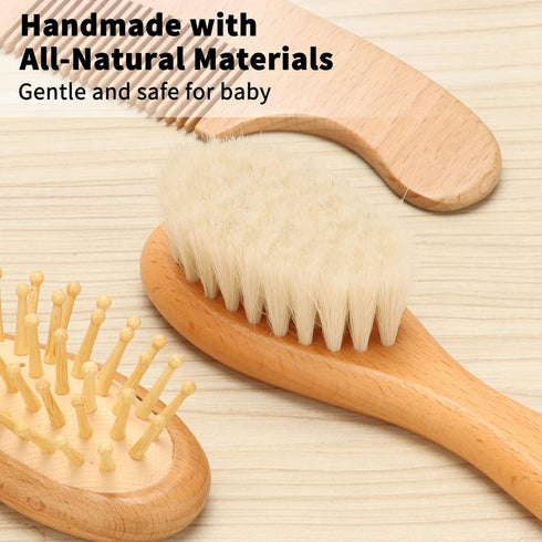 Set, Set+ Goat Baby Hair Brush Wooden Comb Massage Scalp Comb, Safe Natural Hair Care Kit, Soft Silicone Bath Brush