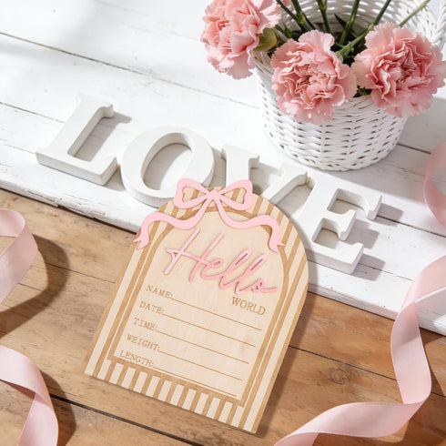 Goktvai Hello World Newborn Sign, Wooden Pink Bow Baby Announcement Sign Funny Newborn Announcement Board Suitable