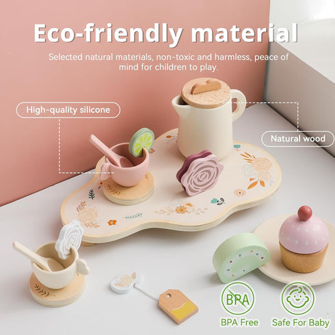 Ikubigu Set Set 15PCS Set Set Tea Party for Kids - Wooden Tea for Little Girls Silicone Toddler Tea Kitchen Accessories