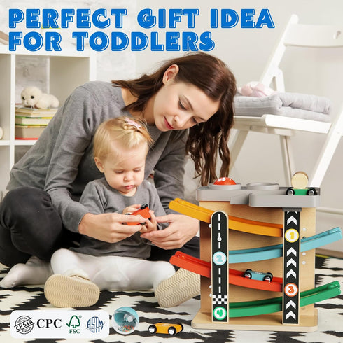 2-in-1 Set 1 2 3 Wooden Car Ramp Race Track Pound Ball Toddler Toy Ball Drop Baby Toy Gift for Year Old Boys Girls