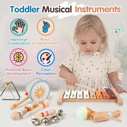 Set, 9PCS 1, 2, 3 Wooden Toddler Musical Instruments Kids Montessori Toys, Baby Toys with Xylophone & Drum, Educational