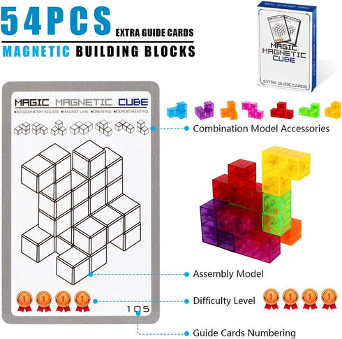 Magnetic Building Blocks, Magic Magnetic 3D Puzzle Cubes, Set of 7 Multi Shapes with 54 Guide Cards for Intelligence