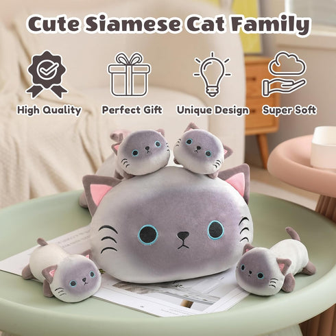 5 1, 4 Tummy, SQEQE Siamese Cat Stuffed Animals in Cute Siamese Cat Plush with Babies in Christmas Birthday Gifts