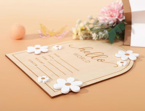 Wooden Hello World for Baby Showers - Newborn Birth Announcement Board,Daisy Wooden Baby Milestone Card,Welcome Baby