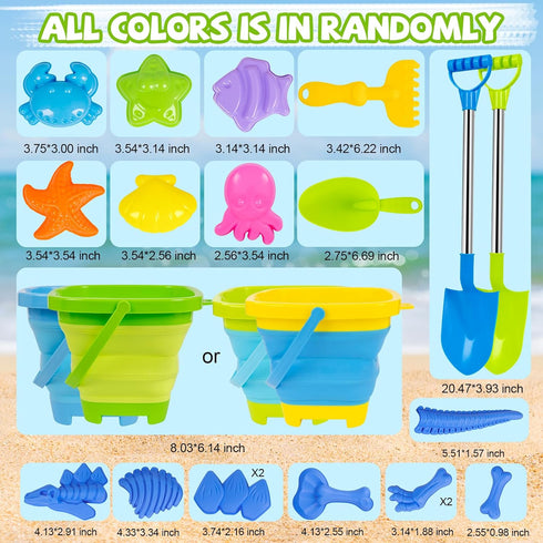 Set 2 3+(22 Beach Sand Toys Includes Collapsible Buckets Big Size Sand Shovels, Rake, Animal Sand Molds Toys with Mesh