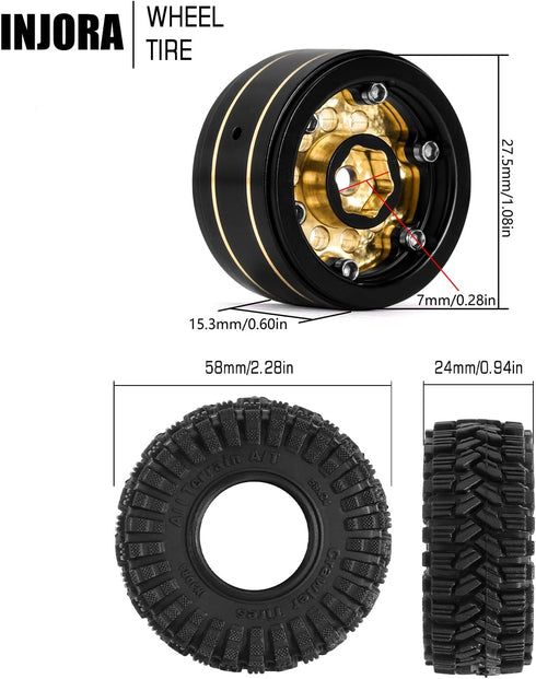 INJORA Black Coating Brass 1.0 Beadlock Wheel Tires Set for Axial SCX24 AX24 TRX4M FCX24 Upgrade 1/24 1/18 RC Crawler