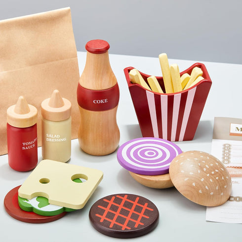 Wooden Play Food for Kids, Pretend Hamburger Set Fast Food Toy Kitchen Accessories for Boys Girls Educational Gift