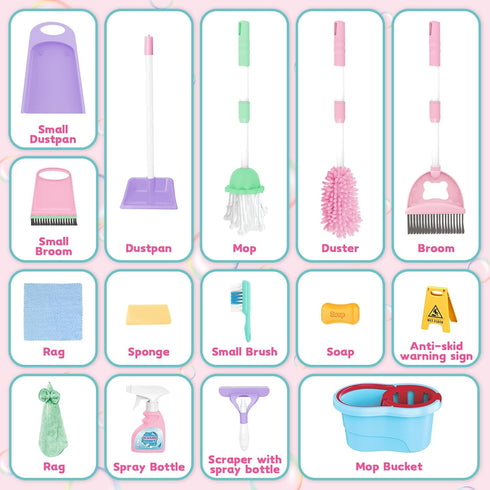 Set 17 Set deAO Kids Cleaning for Toddlers, PCS Pretend Play Detachable Housekeeping Cart with Broom,Dust Pan,Spray