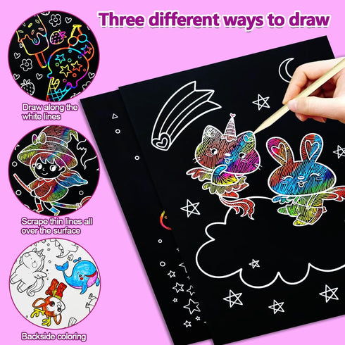 BAOXUE Set, 4-8 Scratch Art for Kids, Rainbow Scratch Paper Art Scratch Coloring Book,Arts and Crafts for Kid Ages