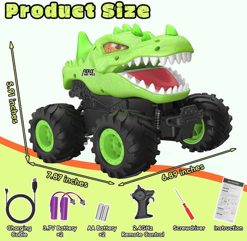 2.4GHz 1:24 6-8 8-12 Dinosaur Remote Control Car, Monster Truck Toys Rechargeable RC Cars Scale RC Truck with LED Light