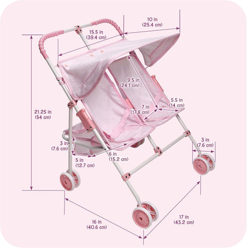 Badger Basket Double Doll Stroller - Foldable Tandem Stroller for Dolls with Canopy, Basket & Safety Belts