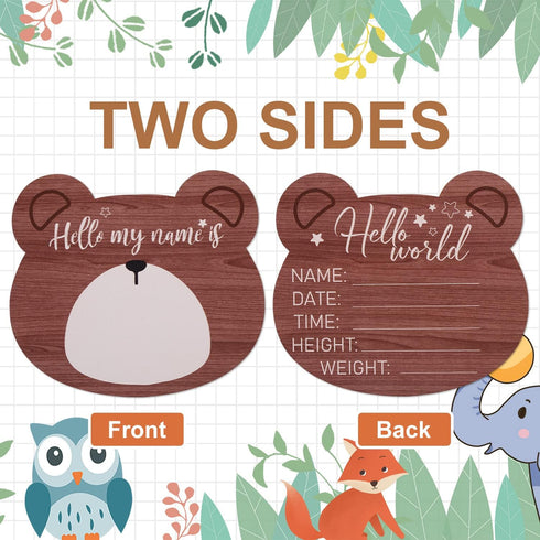 SAVITA 5.9 Inch Wooden Baby Announcement Plaque, Bear Shape New Baby Welcome Sign Hello World Newborn Sign for Hospital