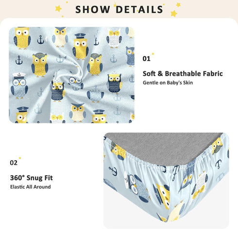 miaozhen 1 Pack 52x28 Cotton Baby Crib Sheets Comfy Breathable Funny Ocean Owl Blue Crib Mattress Sheet for Nursery