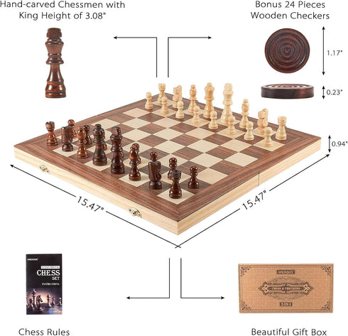 15'' Set, 2 1 -2 -24 Packed Set AMEROUS Wooden Chess & Checkers in Board Games Extra Queens Cherkers Pieces - Gift Box