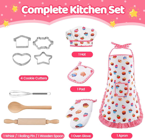 MEIDAYAI 11 Set 3-8, PCS Kids Baking for Girls, Chef Costume with Adjustable Apron & Hat, Pretend Play Kitchen Toys