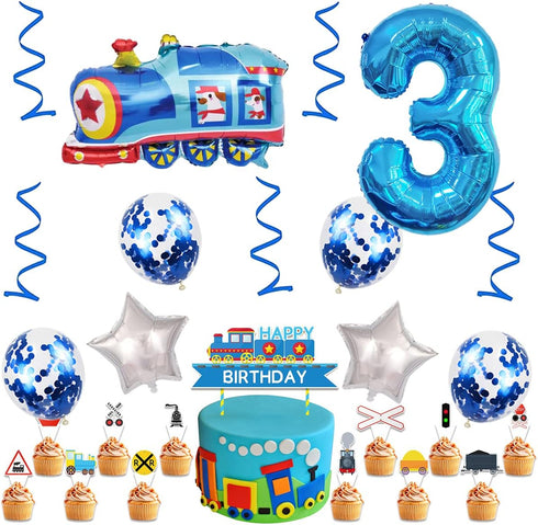Weenkeey 3rd 3 Birthday Train Balloons - Giant Aluminum Foil Balloon Number Mylar for Railroad Party - Blue