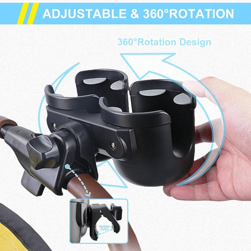 JINKEY Universal 360°Rotation Dual Cup Holder for Baby Stroller, Adjustable 2 in 1 Attachment for Bike