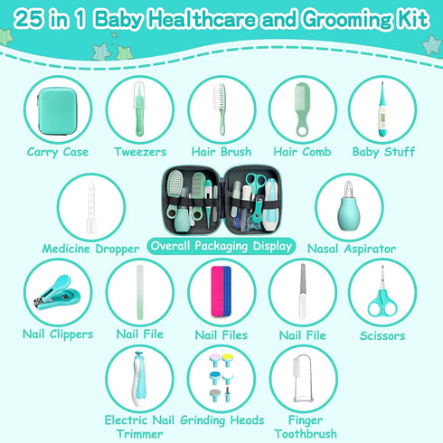 Set 25 1 Baby Grooming Kit for Boys Girls Safety Newborn Nursery Essentials Grooming Gift for First-time Parents, Green