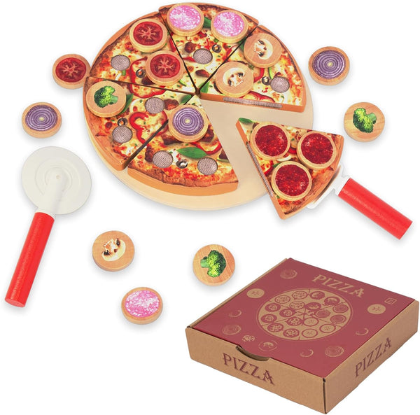 Cutting Play Food Toy for Kids Kitchen,Wooden Pizza Set Pretend Play Kitchen