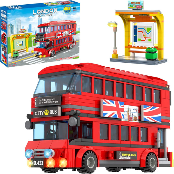 City London Bus Station Building Blocks Set, Double Deckers London Travel Bus and Station, STEM Play Toys