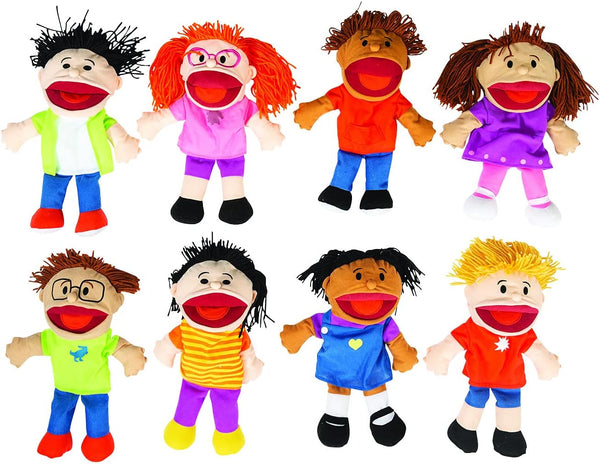 Fun Express Hand Puppets for Kids - 8 Multicultural Plush Puppets with
