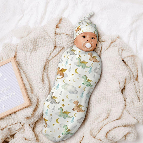 Sozzjile Set, Cute Dragon Print Baby Swaddle Blanket with Beanie Soft Cloud Moon Star Swaddle Sack Newborn Receiving