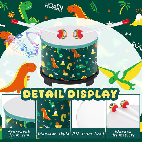 8'' 6.5'' 2 Boao Floor Tom Drum for Kids W x H Wooden Percussion Instrument Music Drum with Rainbow Mallets Dinosaur