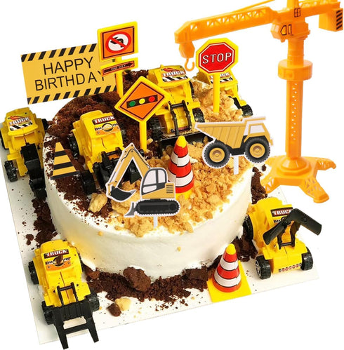 Tnstk Construction Cake Topper, 18 PCS Construction Cake Decorations Set Excavator Tower Crane