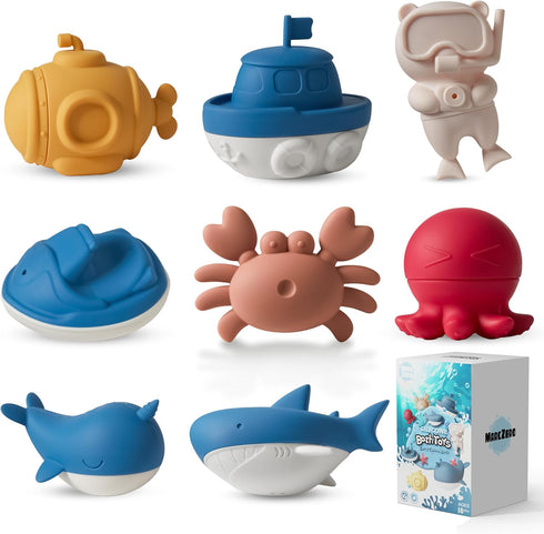 MarcZero Ocean Silicone Bath Toys 8Pcs for Toddlers Kids Babies,Bathtub Water Toys,Soft