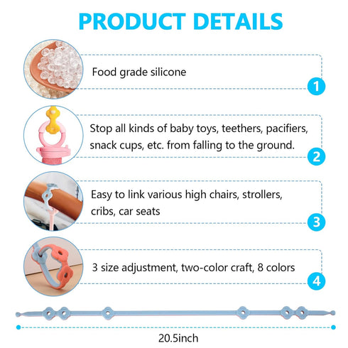 Toy Safety Straps 4PK, Stretchable Silicone Pacifier Clips for Baby Toddler Teether Bottle Harness