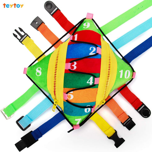 teytoy Sensory Buckle Pillow Toys for Toddlers, Montessori Fidgets, Travel Toys 1-3, Learning Fine Motor Skills &