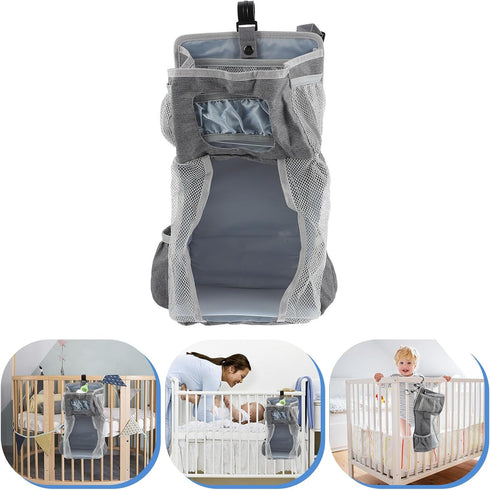 HAKIDZEL Hanging Diaper Organizer Pouch for Crib, Large Gray Fabric Nursery Storage Bag with Diaper Holder for Newborns