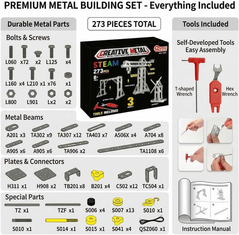PANPAPA 273pcs 3 1 Set,Erector Sets 8-12,DIY Metal Building Toys, in Tower Crane & Frame Crane & Windmill Metal Model