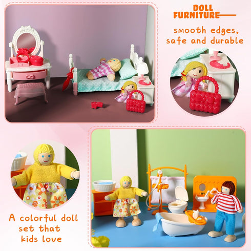 83 Set 8 5 HyDren Pcs Wooden Dollhouse Furniture with Flexible Dolls for Rooms Kits Kitchen, Dining, Living Room