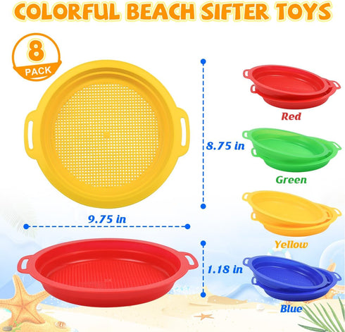Set Bundle-8 Pack(8.75x 9.75in) Sand Sifters Sieve for The Beach Sand Toys (Red, Blue, Yellow & Green) Complete Gift