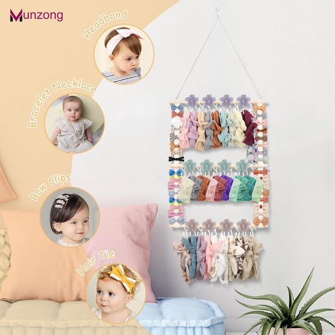 30 15x20inch Munzong Headband Holder,Beige Bow Organizer for Baby Girls, Nursery Wall Hanging Clip Storage w/ Hooks