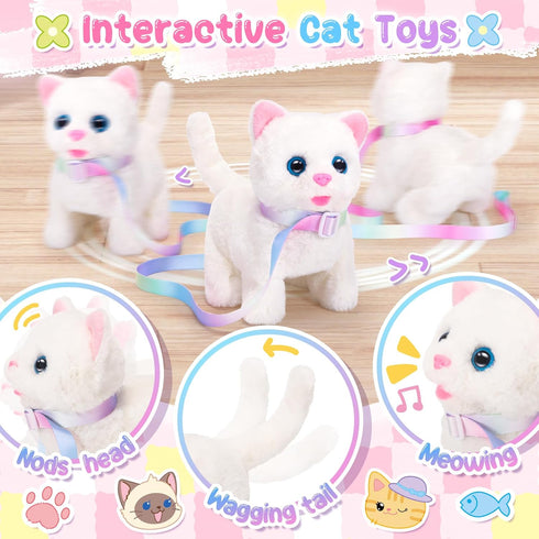 NINAOR Interactive Cat Toys for Kids with Crossbody Bags, Stuffed Cat Plush with Leash Walking Meow Pretend Play Kitty