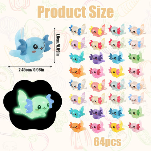 XIHIRCD 64pcs (16 Mini Axolotl Figures, Glow in The Dark Resin Axolotl Tiny Animal Figurines Ornament Axolotl Charms