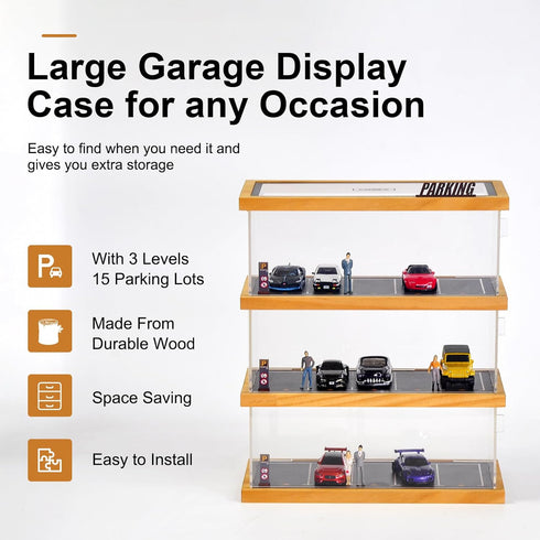 1/64 Scale Display Case, 3-Tiers Diecast Car Garage Display Case with 15 Parking Space and Acrylic Cover